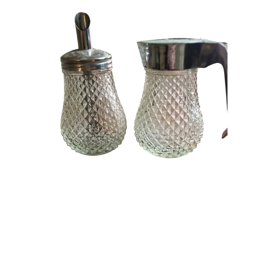 Vintage Diamond Cut Glass Syrup Dispenser & Creamer Pitcher Set